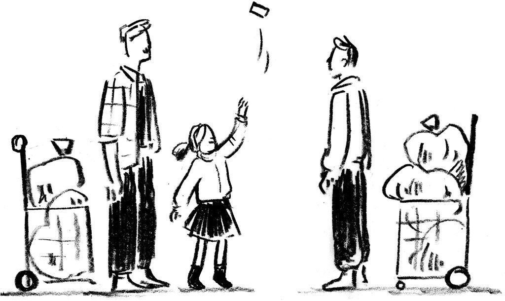 sketch of two men facing each other with personal shopping carts behind them and a little girl between them tossing something up into the air